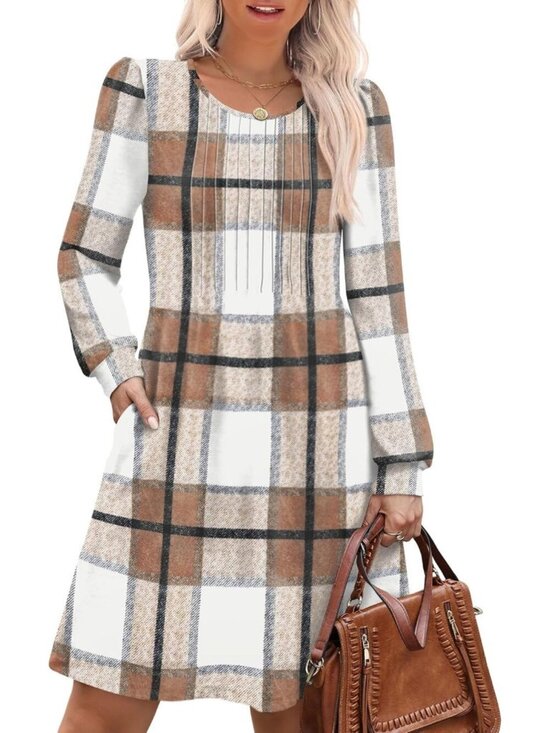 Dresses & Skirts - Women's Biege Plaid Pleated Crew Neck Pockets Fall Baby Doll Sweater Mini Dress